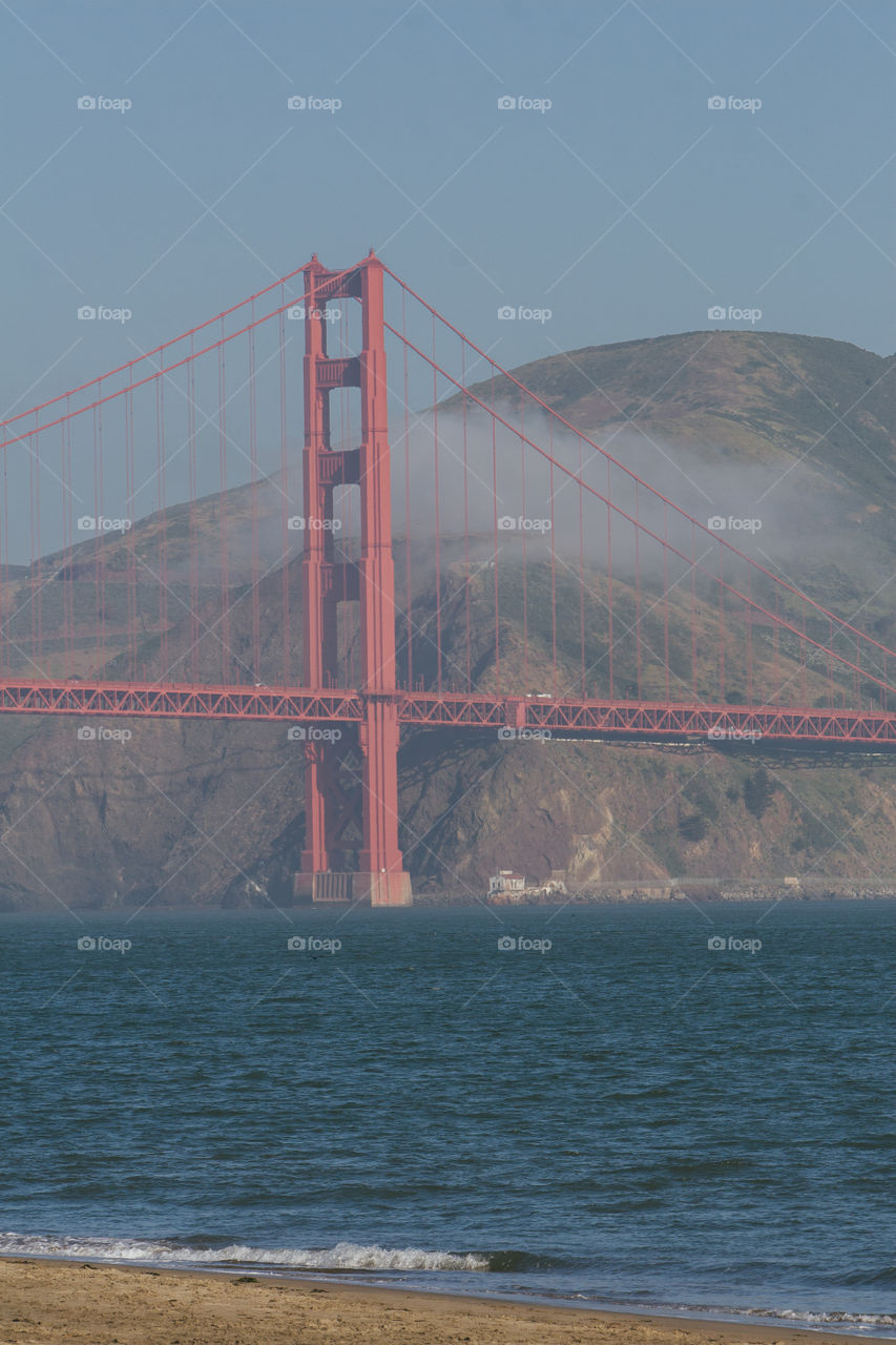 Close up of Golden Gate bridge in the morning mist