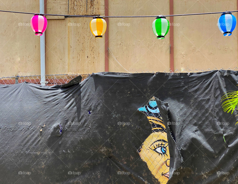 Part of a face from a mural painted on a wall peeks through a tear in a tarp on a fence in an alley 