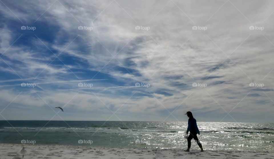 Woman and seagull on sunny beach