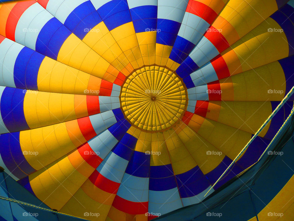 Inside of a colorful hot air balloon