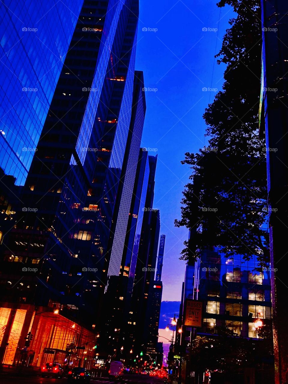 Early dawn reflecting off skyscrapers at 42nd Street 