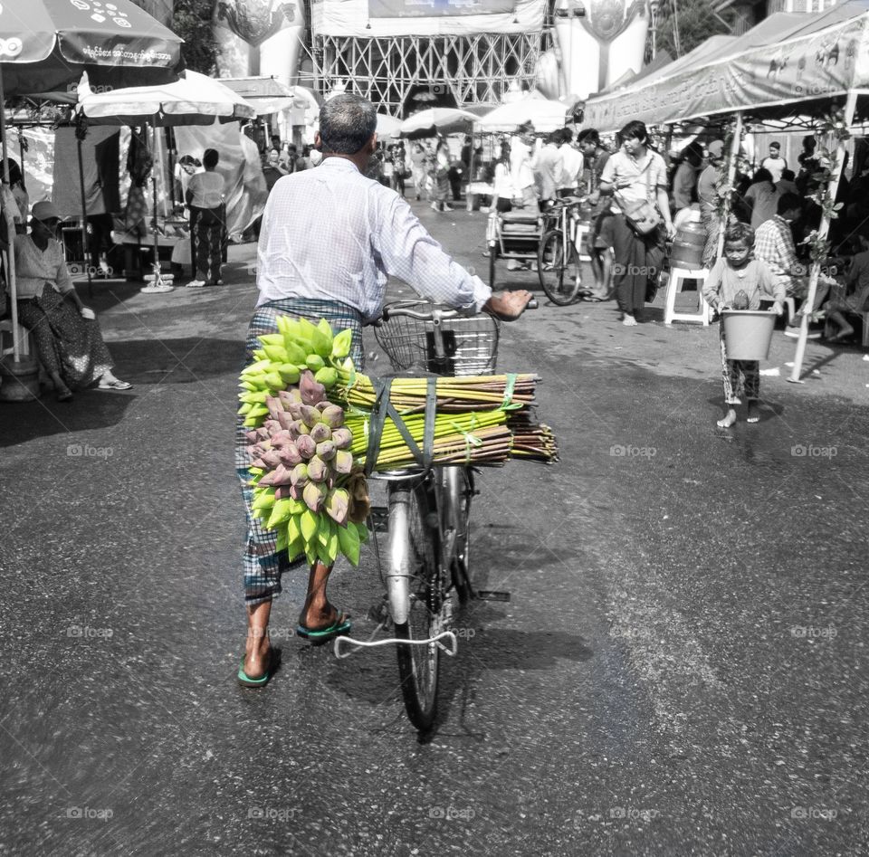 A man use bicycle to take lotus to pray at the temple