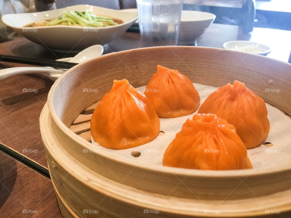 High angle view of dim sum in a steamer