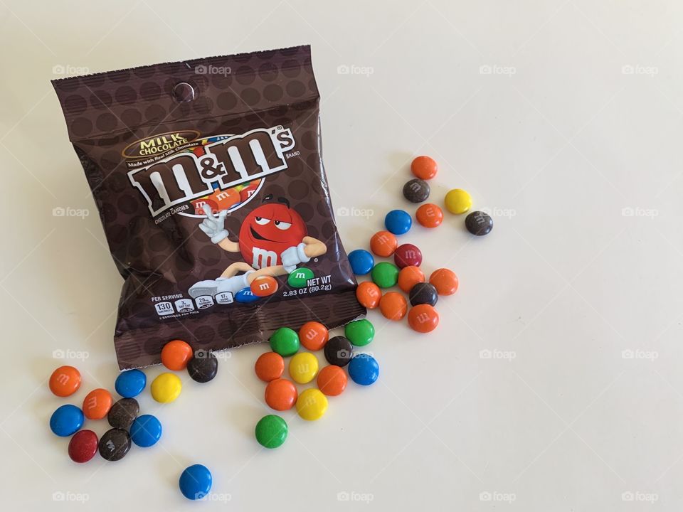 Bag of colorful and and delicious m&m’s candy on a white background 