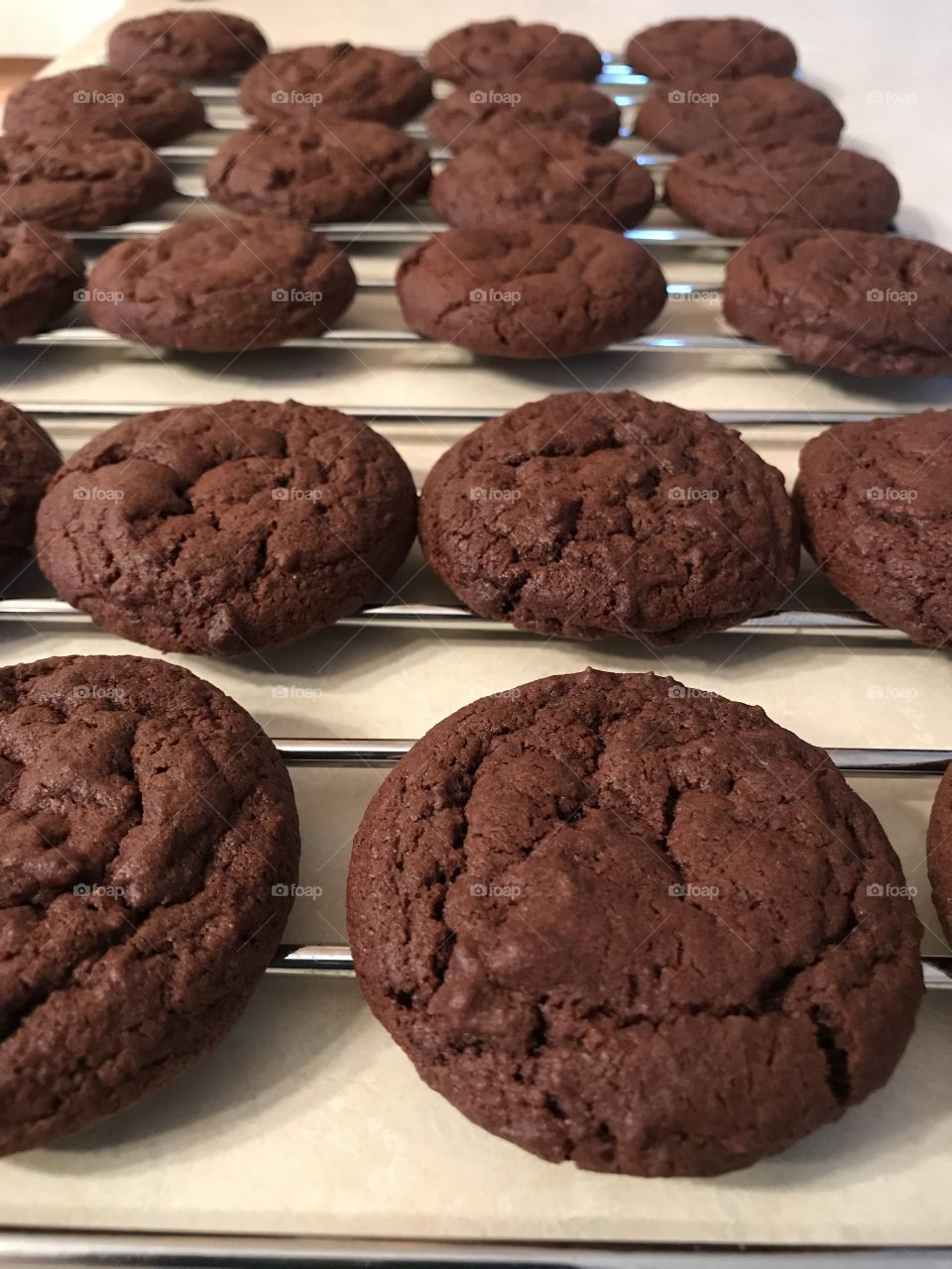 Home made soft chocolate cookies fresh from the oven.  The house smells of heavenly cocoa.