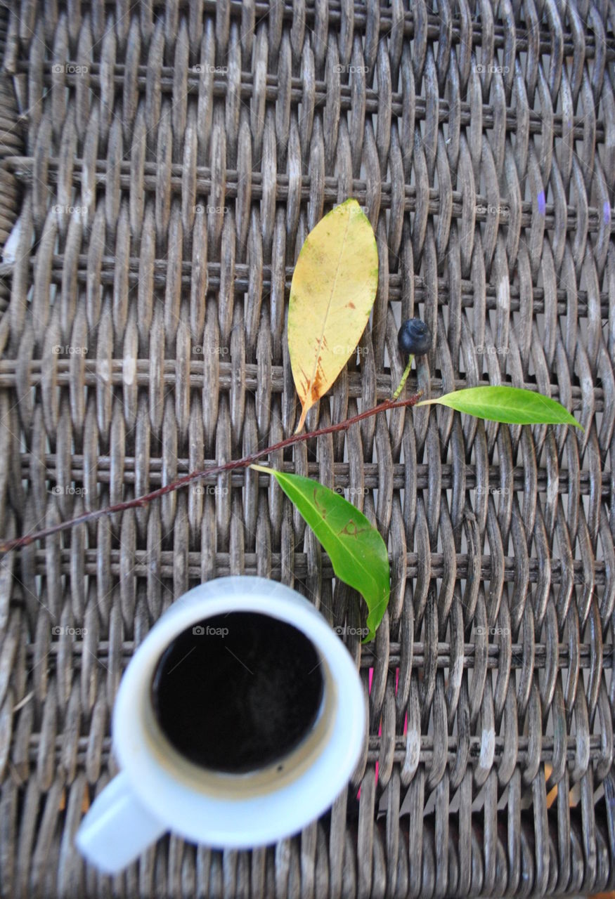 A cup of espresso and a branch with leaves on the table