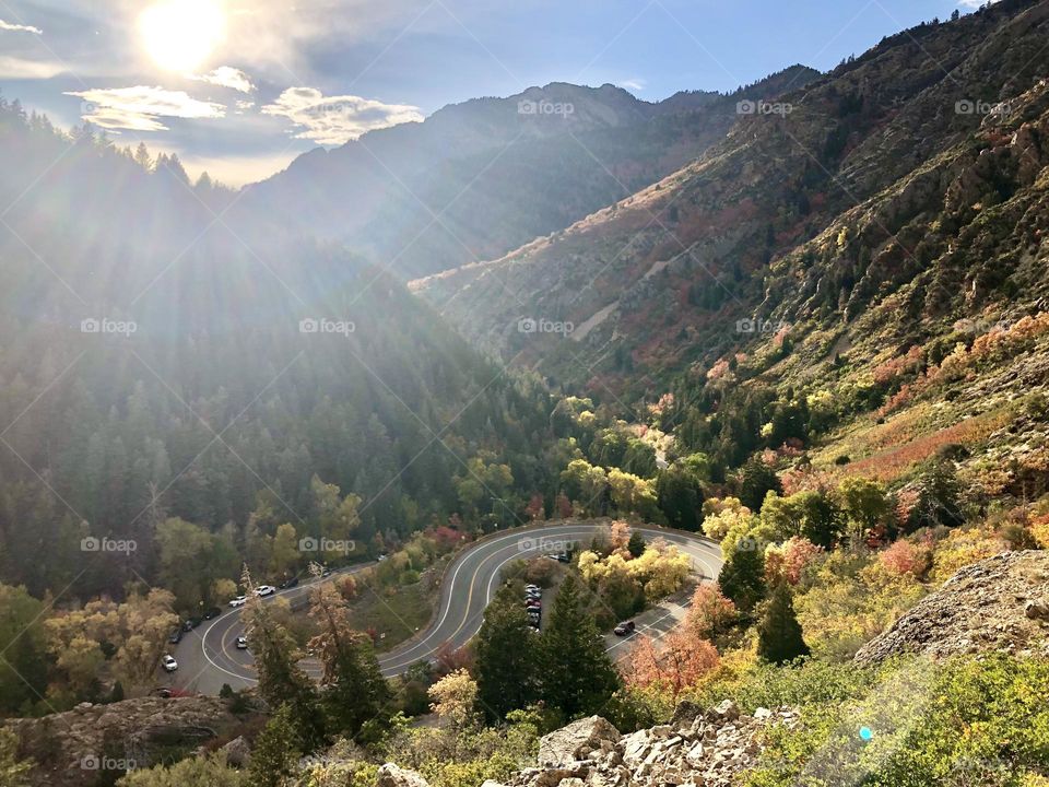 Driving along a canyon road high in the Wasatch mountains of Utah, leaf peeping. 