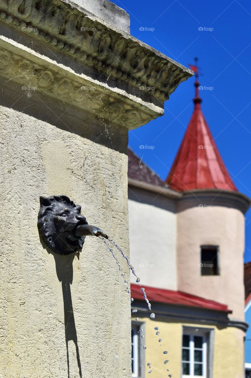 Fountain with a head of a lion in an old Austrian town Grein