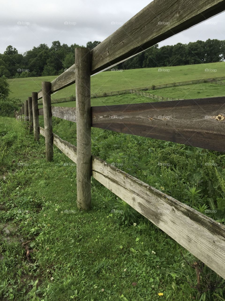 Perspective image of a rustic wooden fence dividing up several pastures
