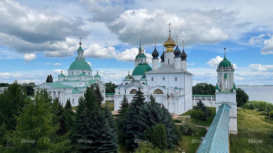 temple on a background of blue sky and clouds