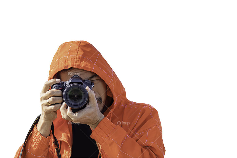 Isolated Hand man holding the camera Taking pictures on a white background with clipping path.