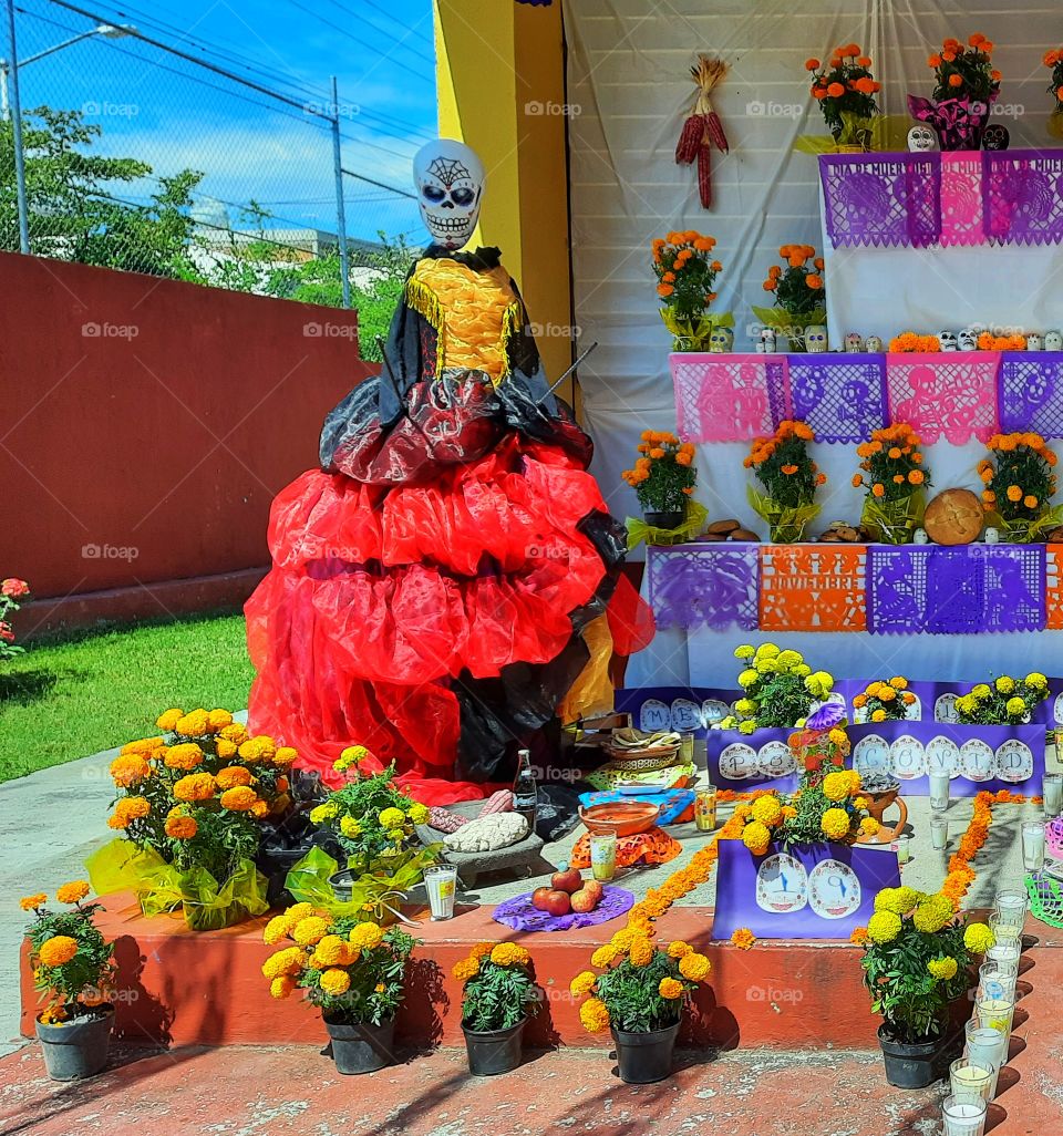 Catrina,tradition,cempasuchil,altar of the dead,chinese paper,colorful,México,day of the dead