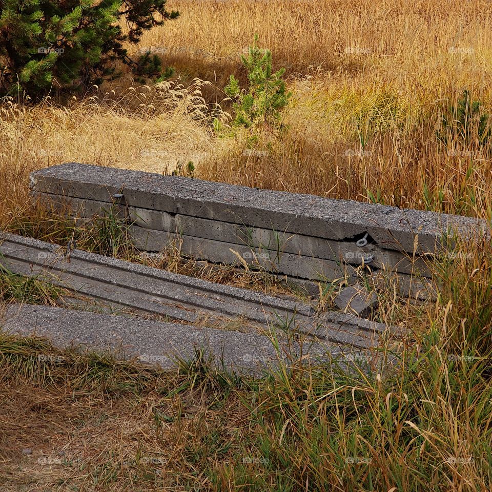 Concrete beams abandoned in a field 