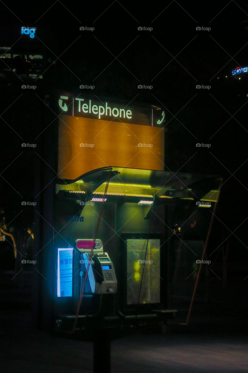 telephone box, night, light, neon