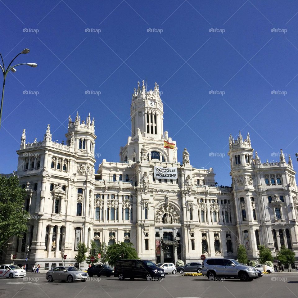 Cars in traffic in front of Paisaje de la Luz, Madrid