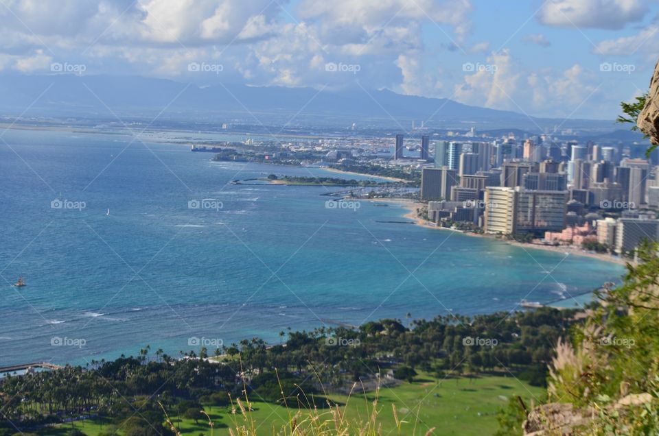 Diamond Head Hawaii, scenic view of Ocean, beach, Waikiki and Honolulu from the top of the mountain