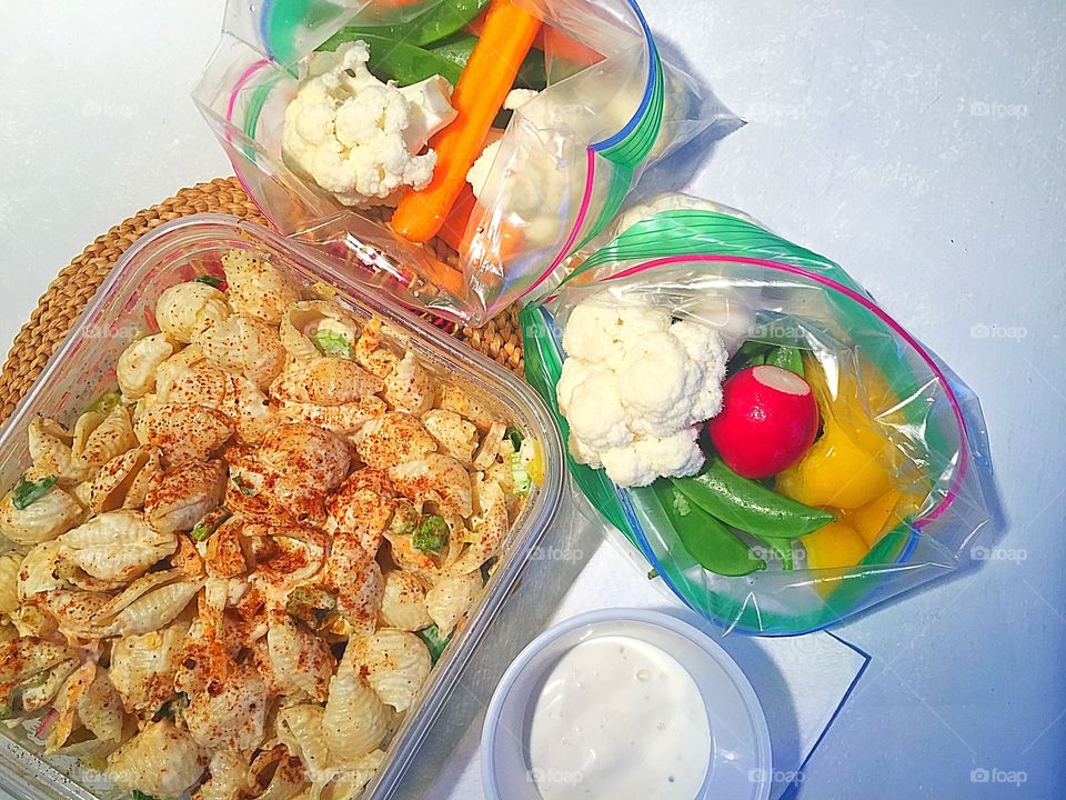 Pasta salad vegetables and dip