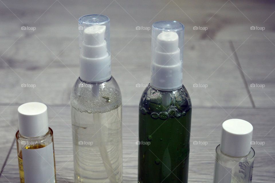 Jars with cream, shampoo and cosmetics