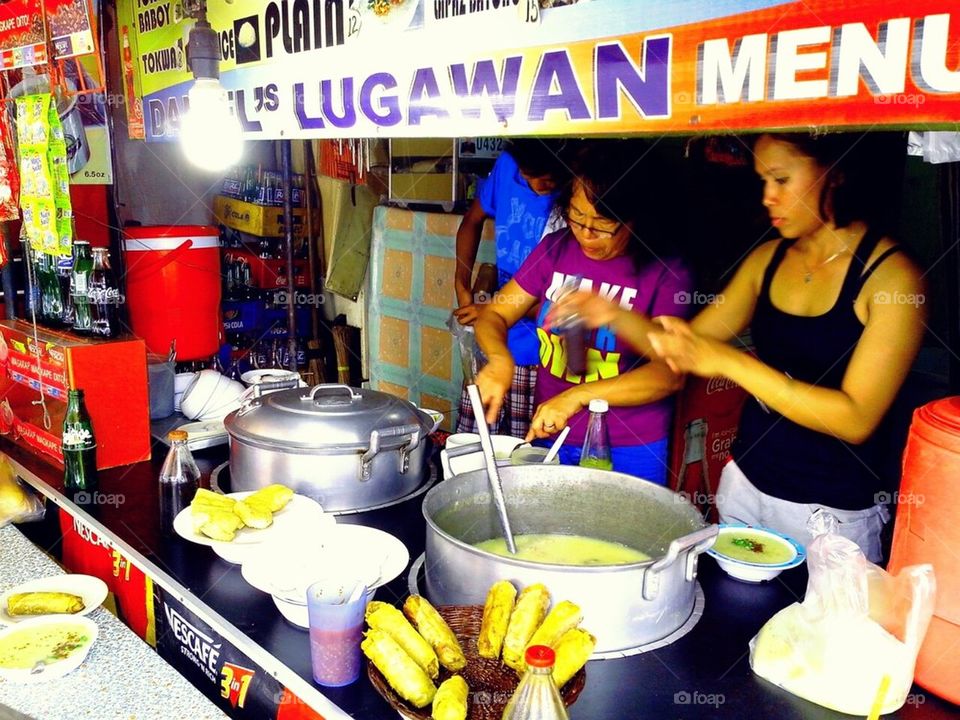 Asian food stall selling rice porridge