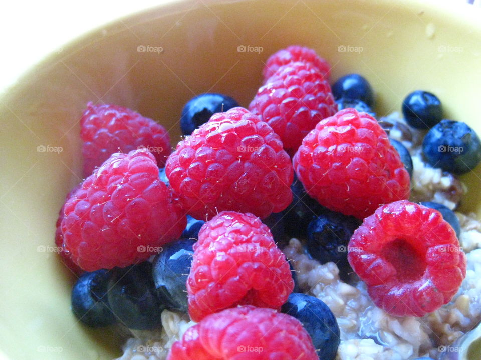 Fresh Berries. Steel cut oatmeal topped with fresh blueberries and raspberries.