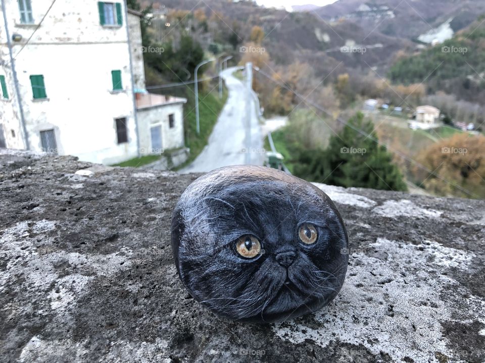 Stone cat over an ancient wall at Castel Trosino, medieval longobard origin village, Ascoli Piceno County,Marche region, Italy
