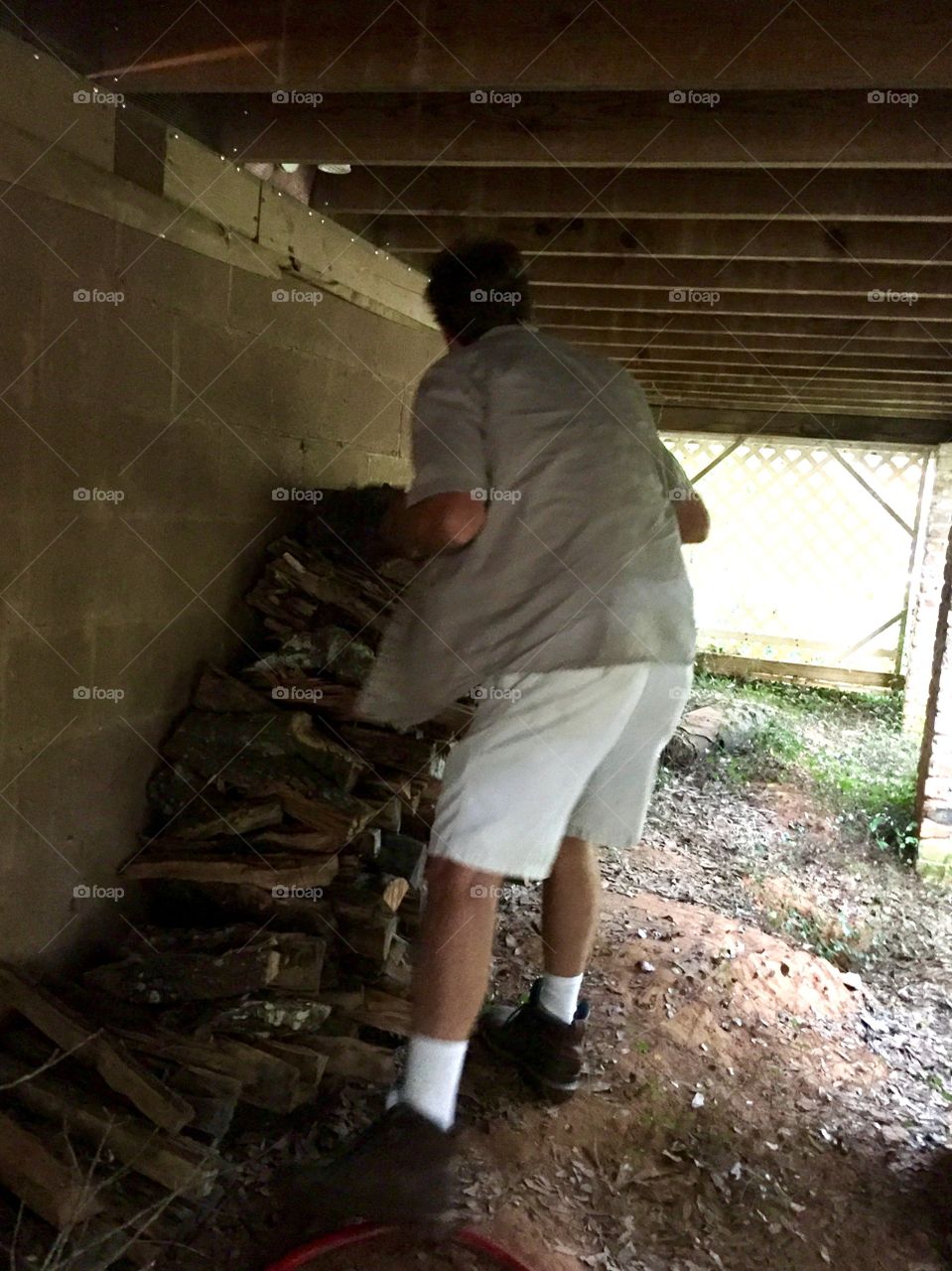Man moving fire wood outside under a house