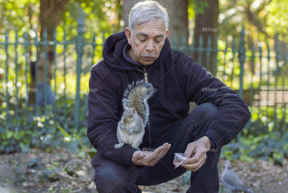 Squirrel sitting on old man in the park