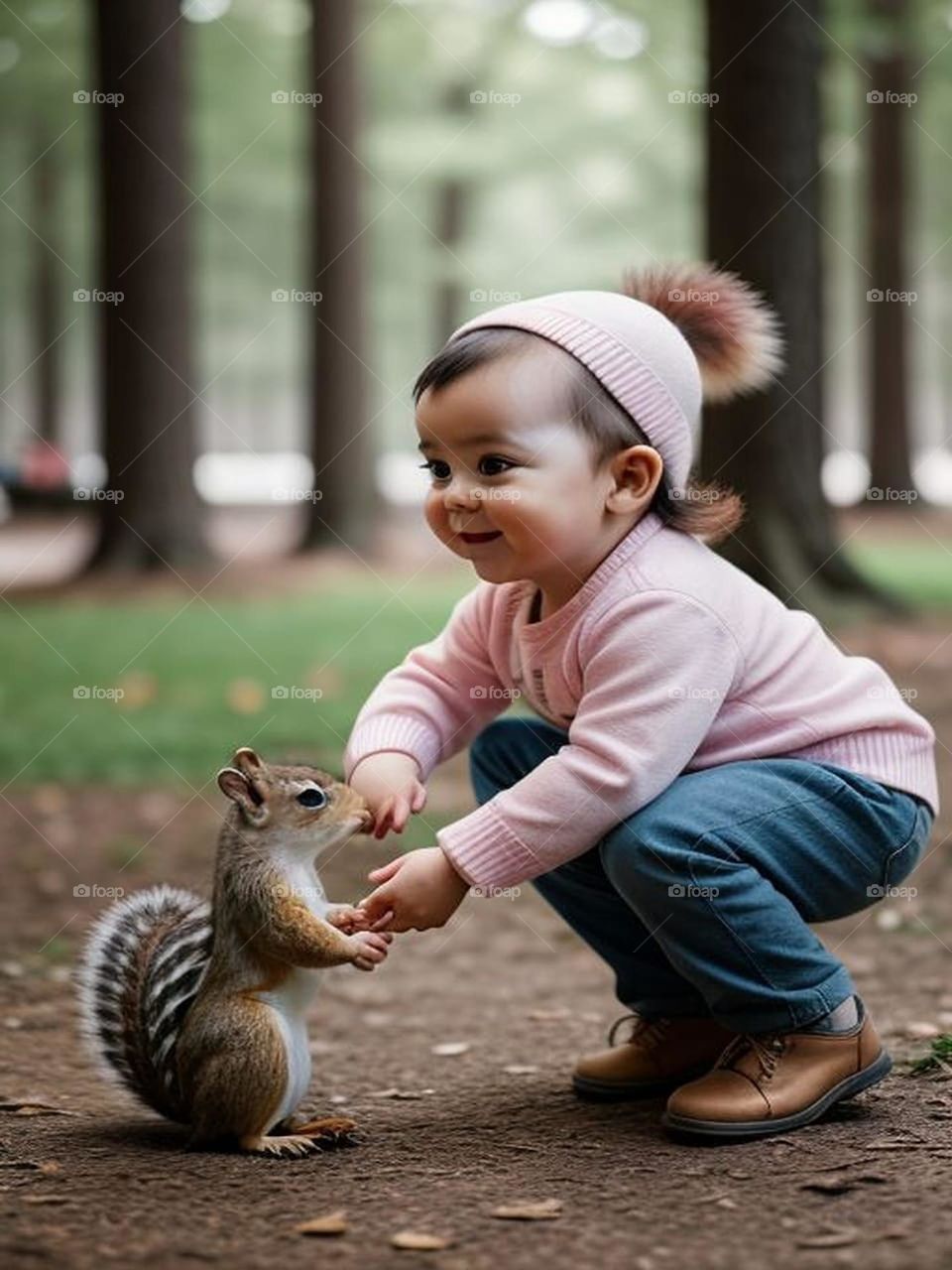 Little girl playing with squirrel