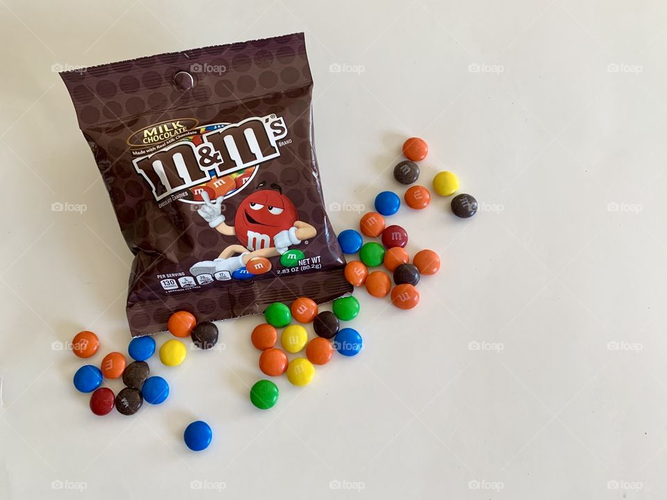 M&m’s candies in a bag displayed on a white background 