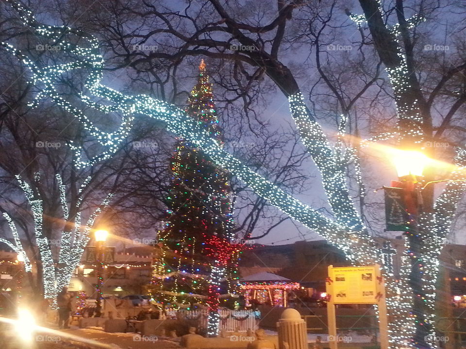 Christmas tree and holiday lights in Taos Plaza, New Mexico