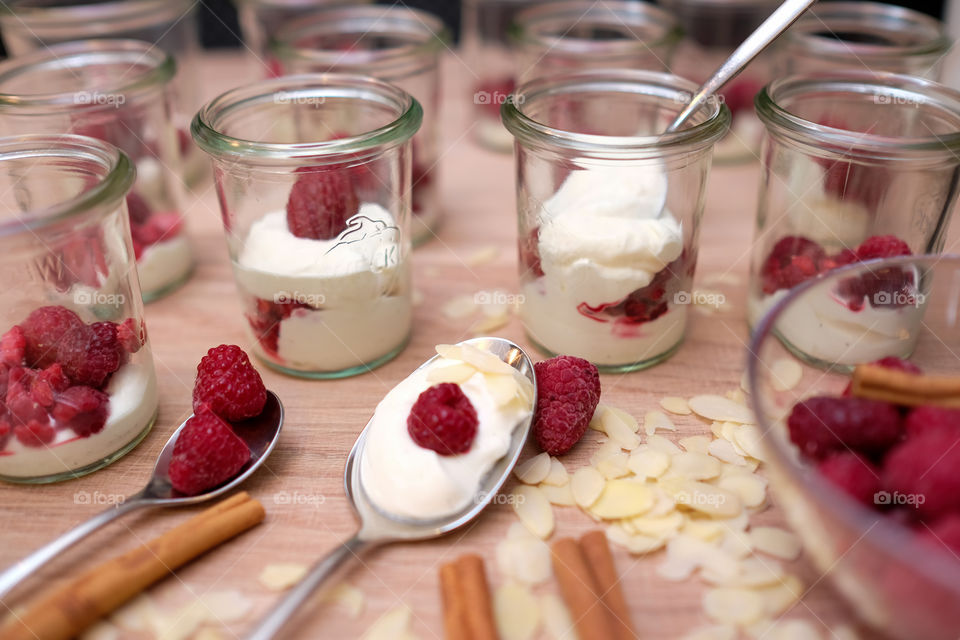 preparation of a delicious raspberry dessert