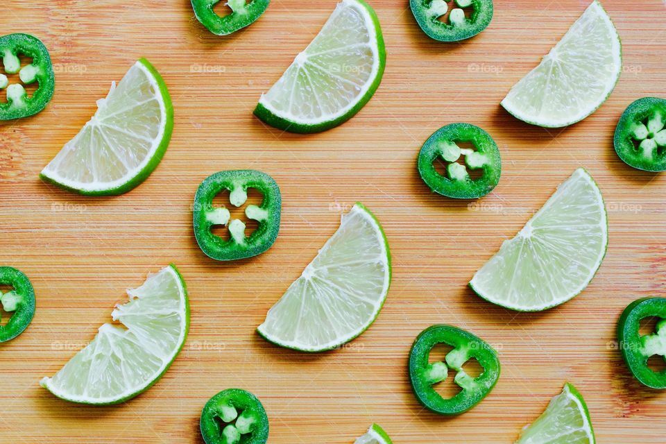 Fruits! - Lime and jalapeño slices on bamboo