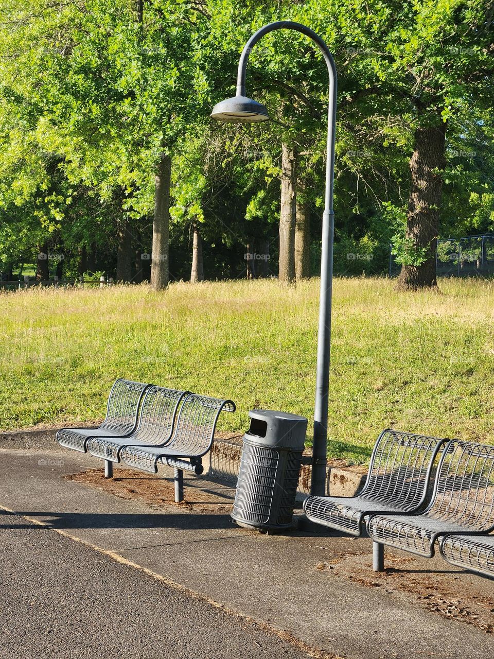 Urban park benches and lamp post in Oregon