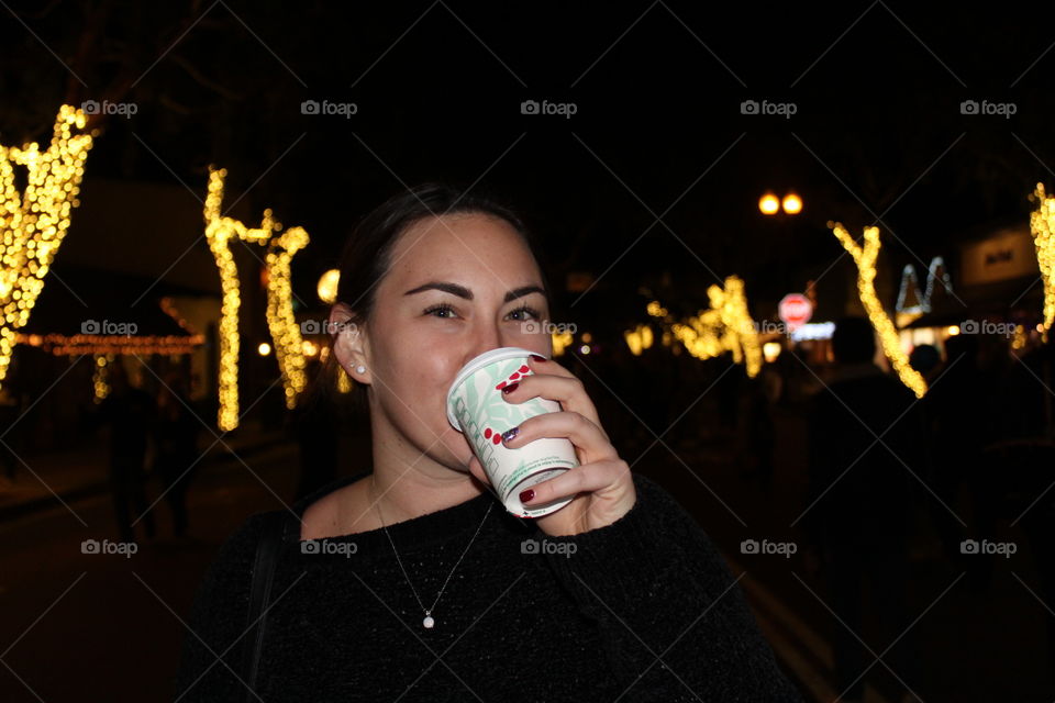 Drinking hot cocoa under the holiday lights in Laguna Beach 