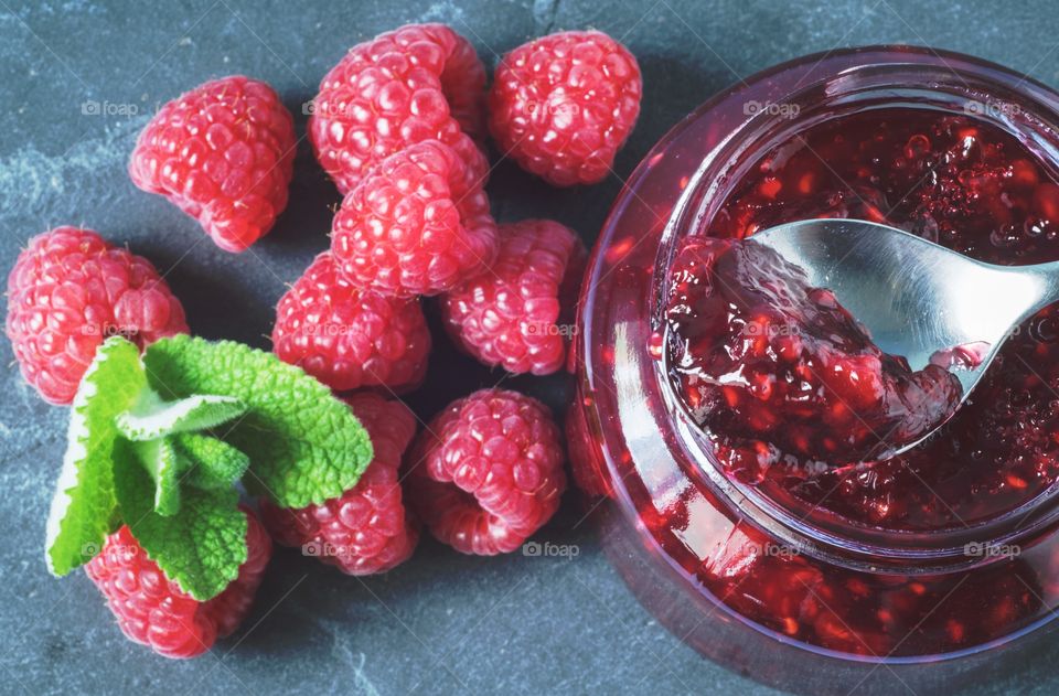 High angle view of raspberry jam