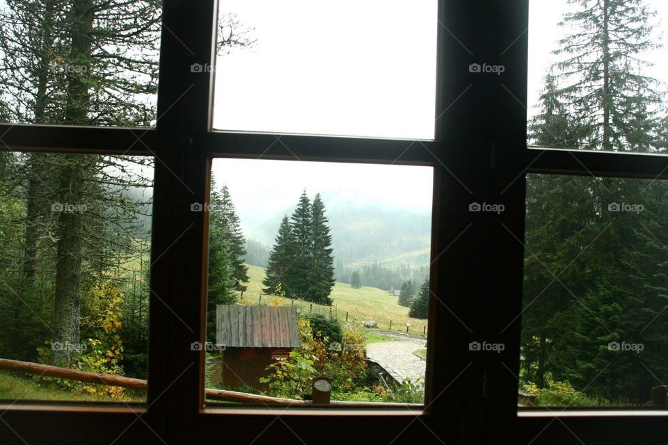 Beautiful mountain valley view from shelter window