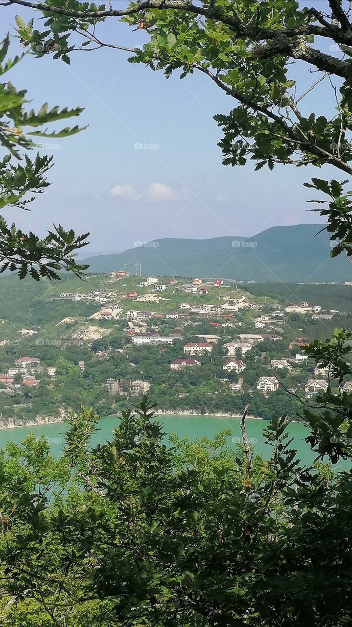 View of the lake and the village of Abrau-Dyurso