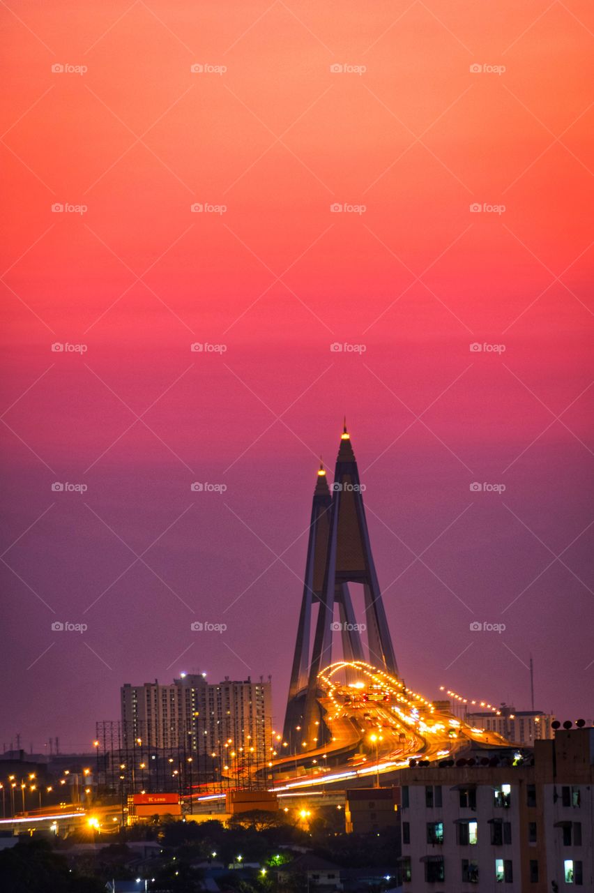 Thailand-March 27 2020:The lonely weekend traffic conditions on the Bhumibol Bridge due to the impact of Covid 19 in Bangkok