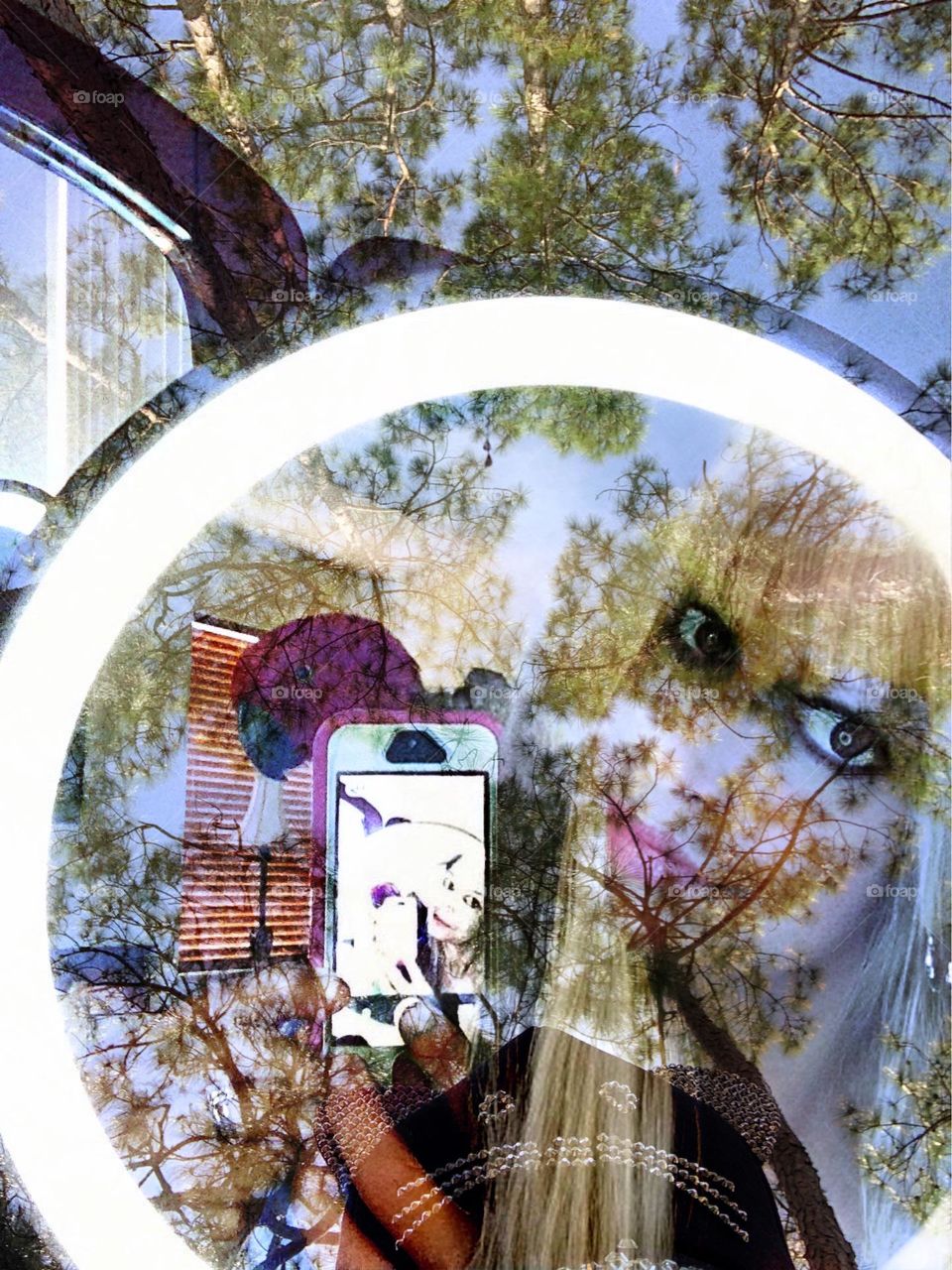 Woman and red parrot in a psychedelic mirror.