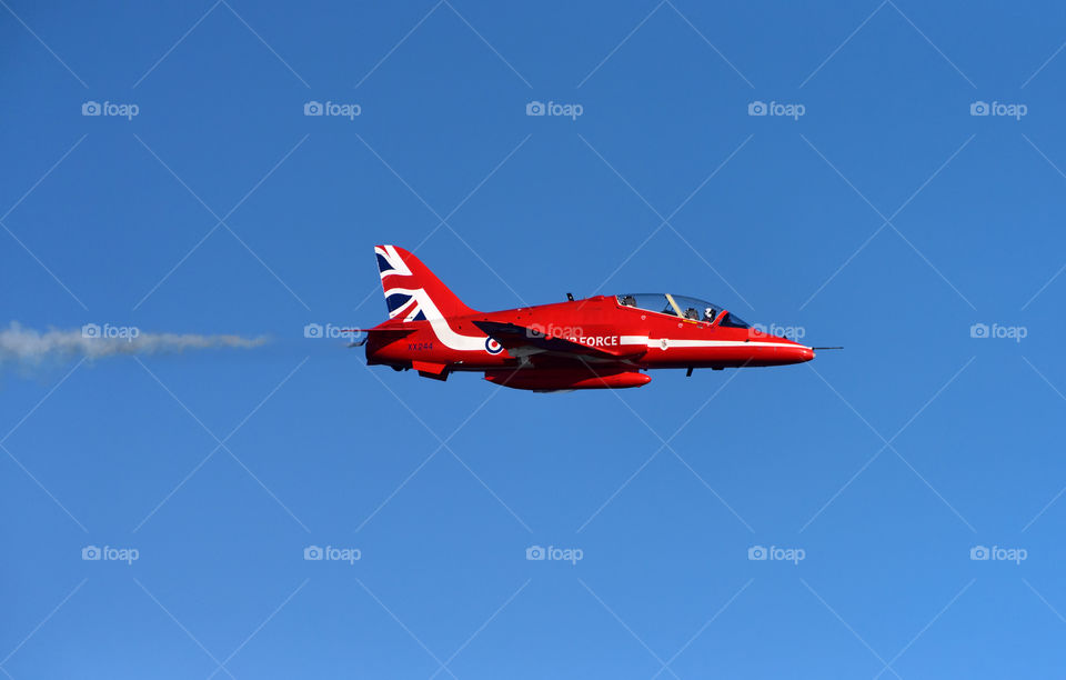 Helsinki, Finland - June 9, 2017: Red Arrows (The Royal Air Force Aerobatic Team) flying aerobatics at the Kaivopuisto Air Show in Helsinki, Finland on 9 June 2017.