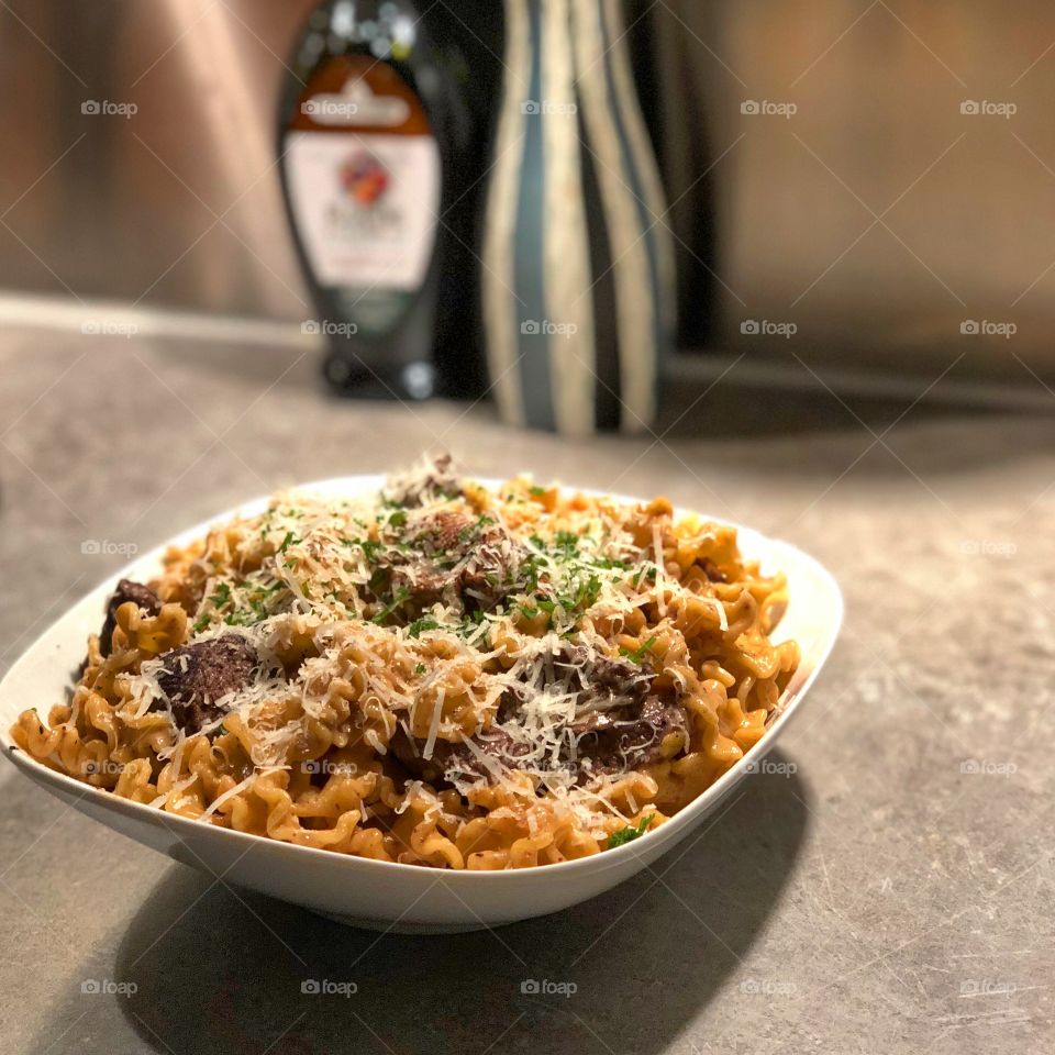 Tenderloin pasta with lots of parmesan, never gets old! 