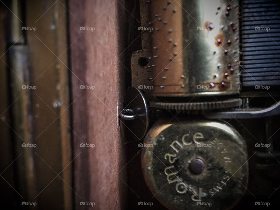 Antique music box macro photography. Music box mechanism.

