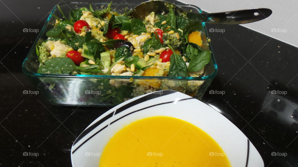 lentil soup and chicken salad
