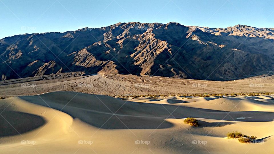 Contrasts Of The Morning Sunlight As It Casts Unique Shadows On The Mesquite Sand Dunes Under The Beautiful Blue Skies Of Death Valley National Park, CA