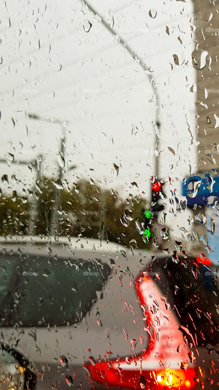 City view through car window.