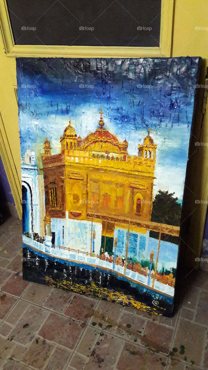 Golden Temple painting in Oils using knives.