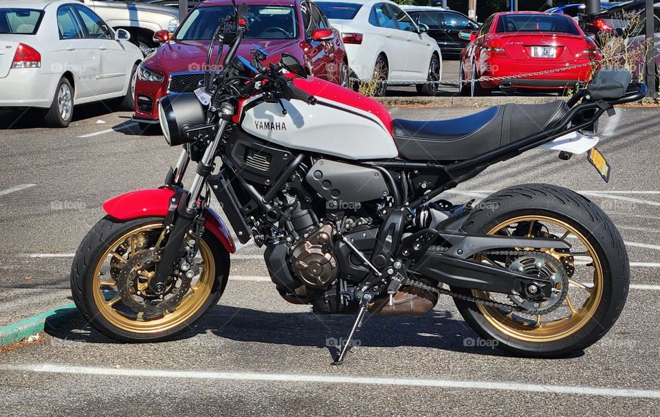 red and white motorcycle parked in front of red and white cars on a sunny afternoon in Oregon