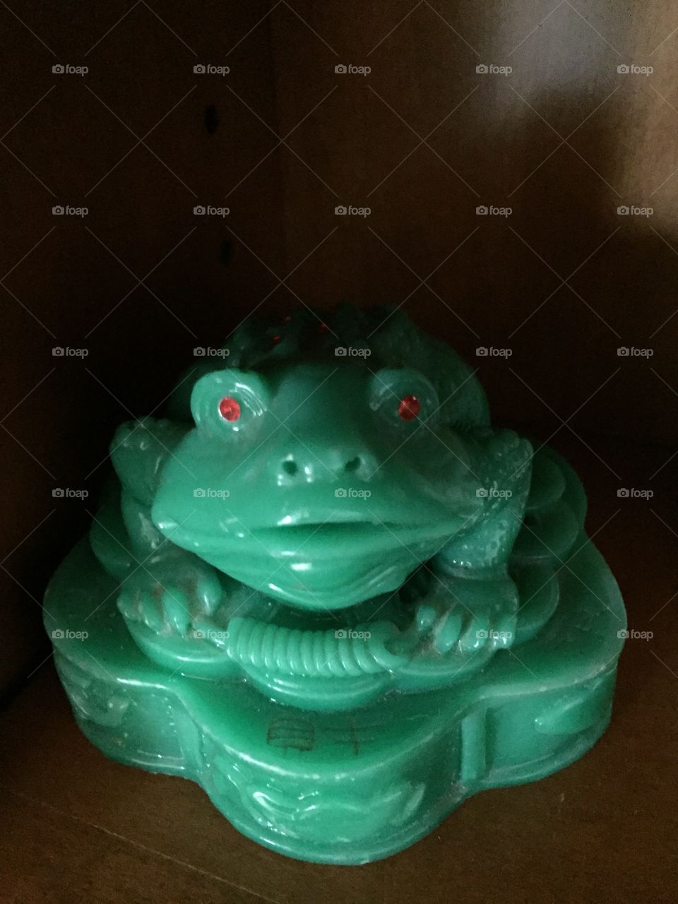 Green Chinese Frog on a shelf . Chinese frog on a shelf