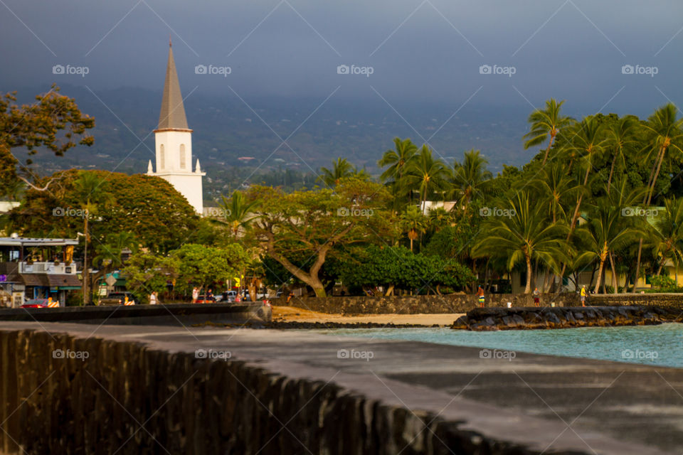 Kailua Kona waterfront with historic church. 