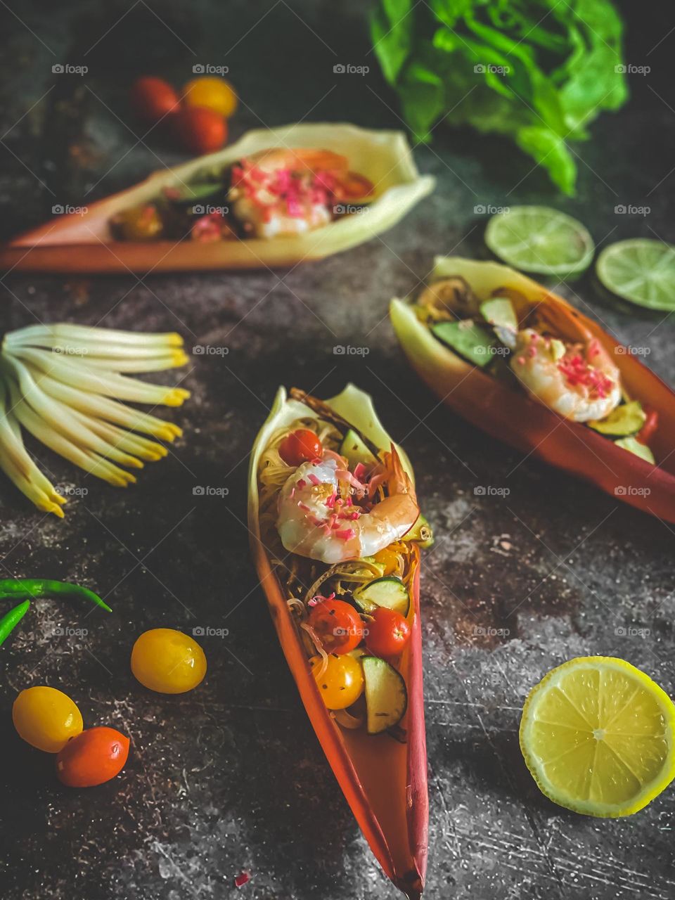 Banana flower salad with shrimp and lime flavoured 
